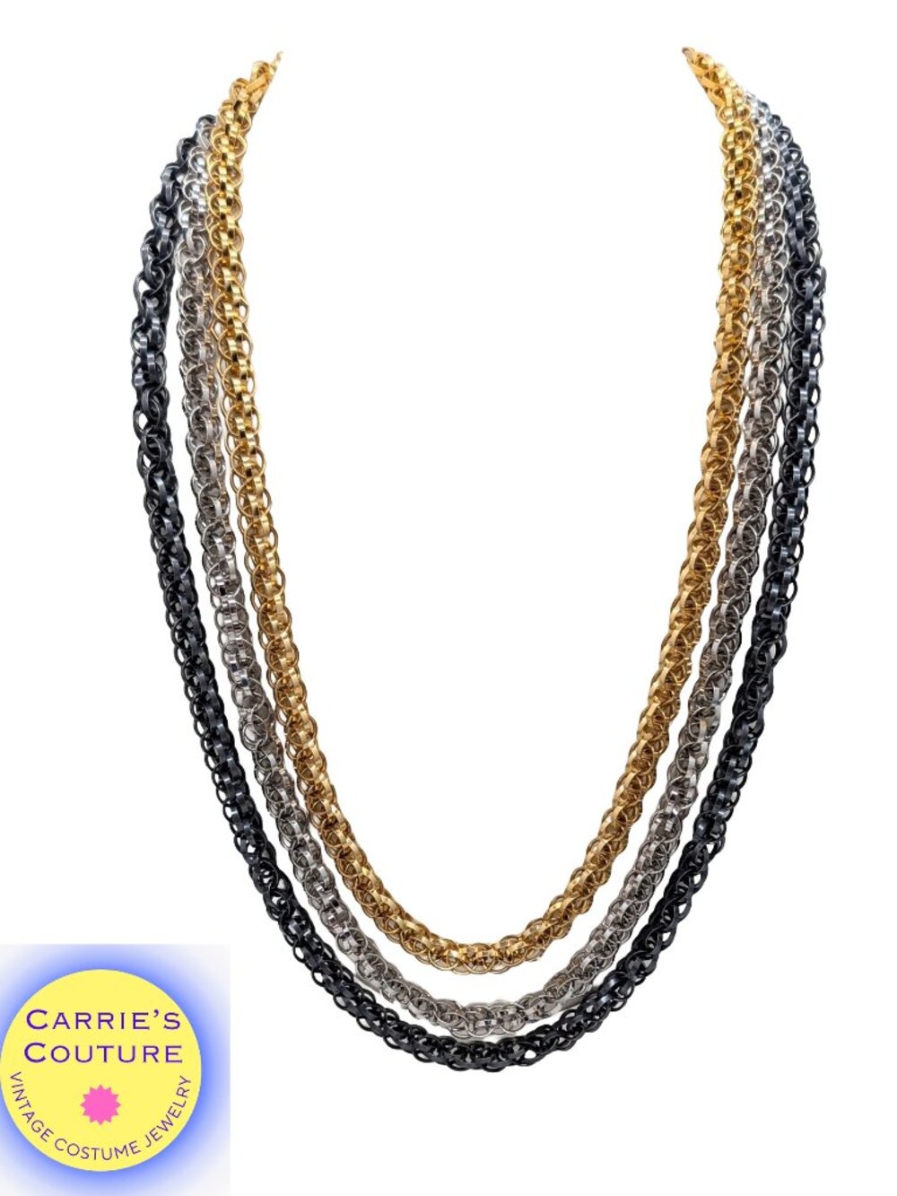Vintage Signed Napier Book Piece Long Tri-Tone 3 Chain Necklace, 1967